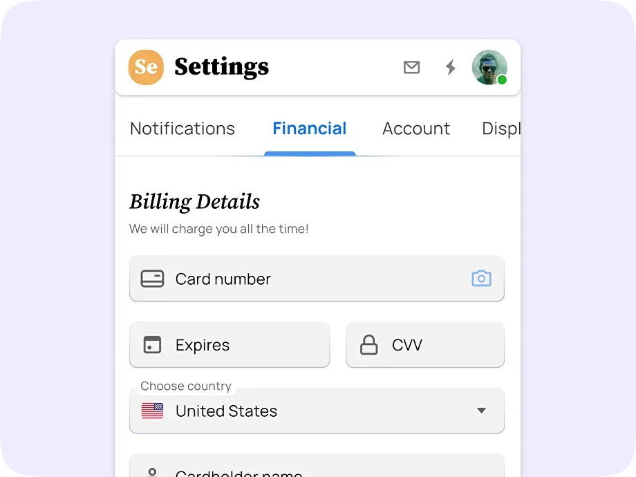 Settings example illustrating tabs