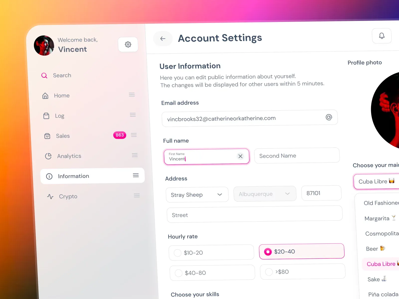 Settings example illustrating social networking