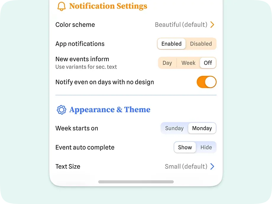 Settings example illustrating buttons group