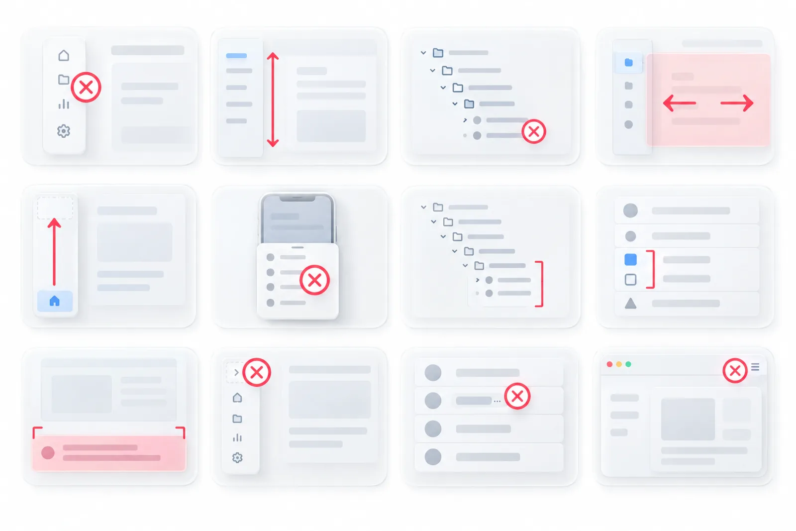 Grid of 12 sidebar sketches, each with one flaw marked by a red cross, arrow or bracket, from an unlabeled icon rail and a scrolling page to a drawer without a focus trap and a sidebar ad banner