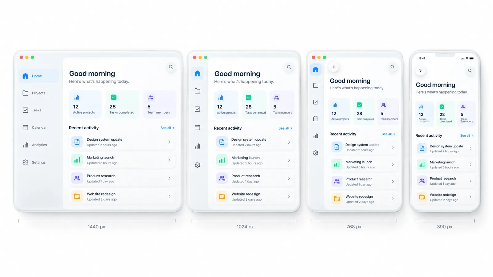 The same dashboard at 4 widths with dimension lines below each, 1440px with an expanded labeled sidebar, 1024px and 768px with an icon-only rail and a chevron to reopen it, and 390px with no sidebar at all