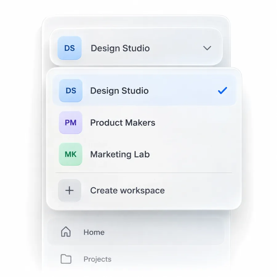 Workspace switcher at the top of a sidebar with its dropdown open, listing Design Studio as current, Product Makers, Marketing Lab and a Create workspace action