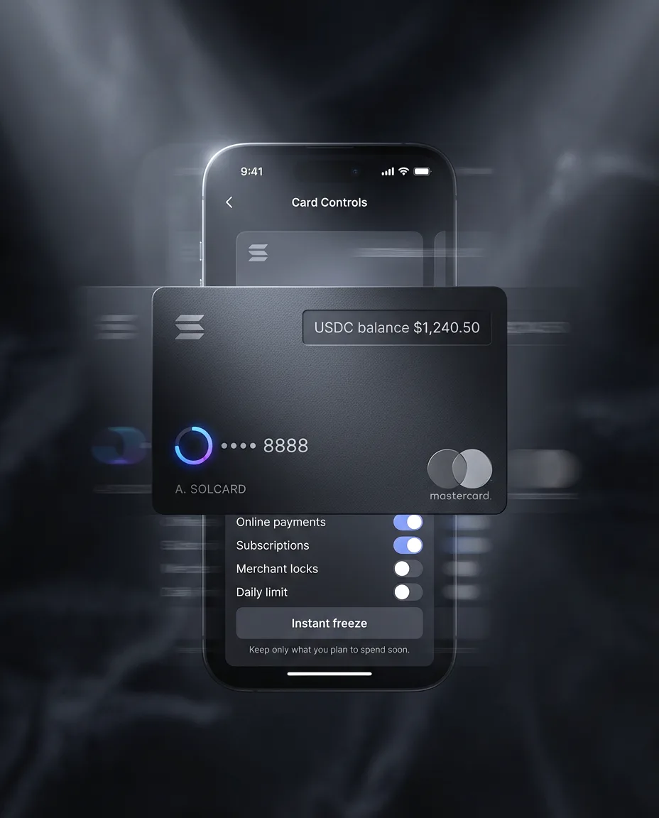 SolCard app card controls screen with a dark USDC-funded virtual Mastercard, toggles for online payments and subscriptions, merchant locks, a daily limit, and an instant freeze button