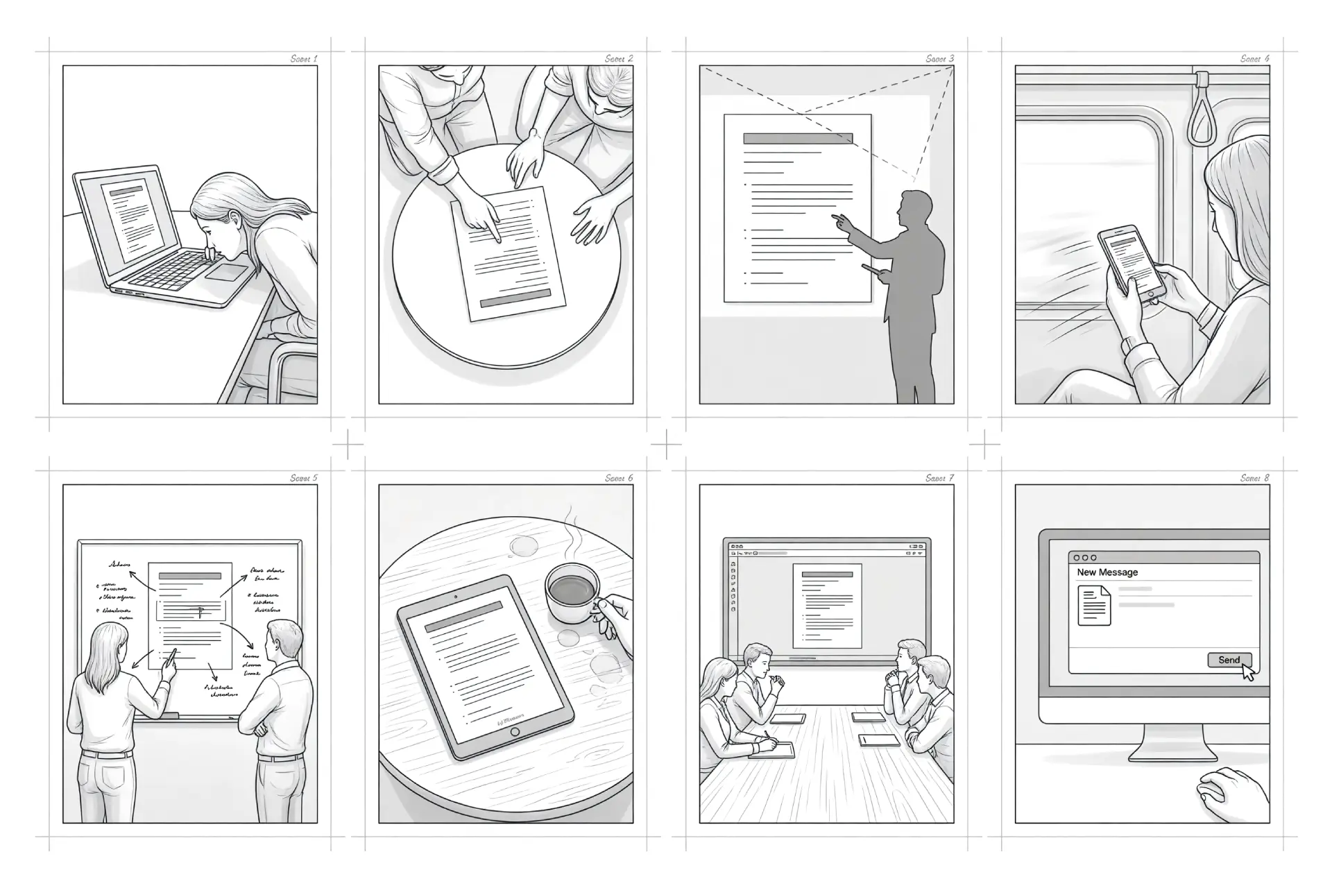 Eight small scenes of the same document being read across different devices and rooms