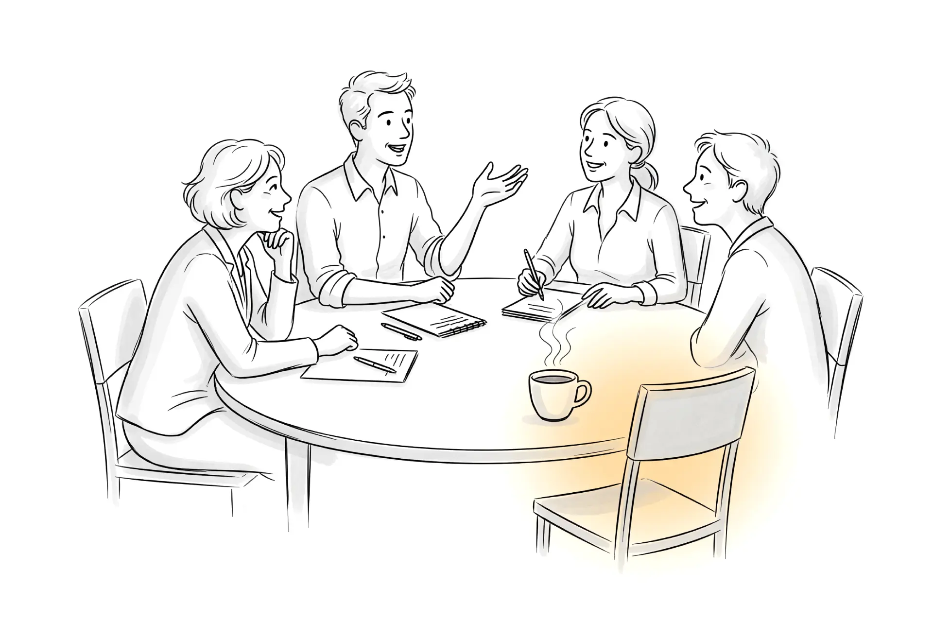 Four colleagues in warm conversation at a table with one empty chair and steaming coffee