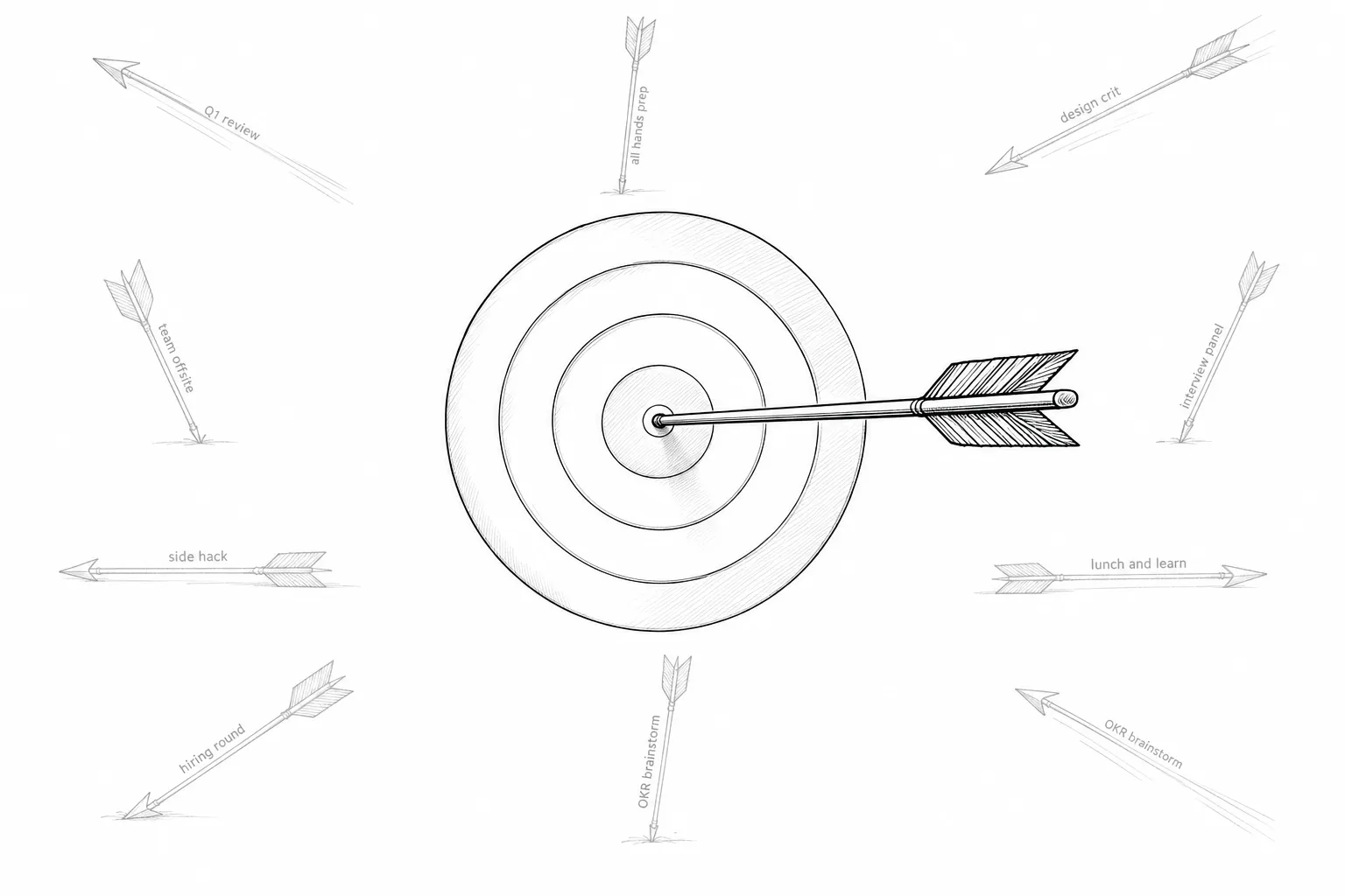 Archery bullseye with one centered arrow and nine missed arrows labeled with distracting meetings