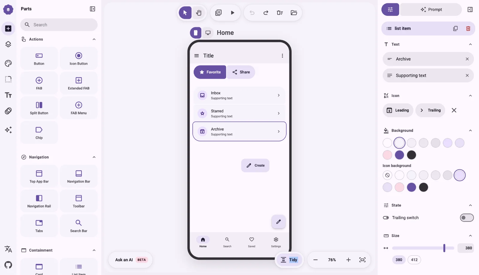 M3E Canvas with a component palette, a Material 3 phone preview and an exported prompt panel