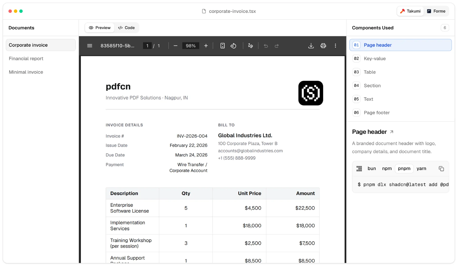 pdfcn building a corporate invoice from document blocks in a React app