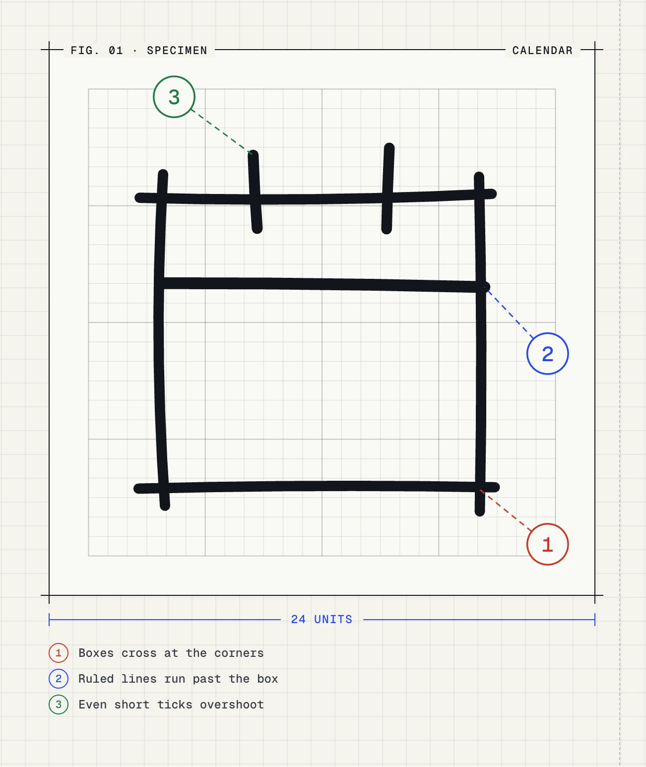 Calendar glyph drawn on a 24 unit grid, with callouts for crossed corners, lines running past the box and overshooting ticks