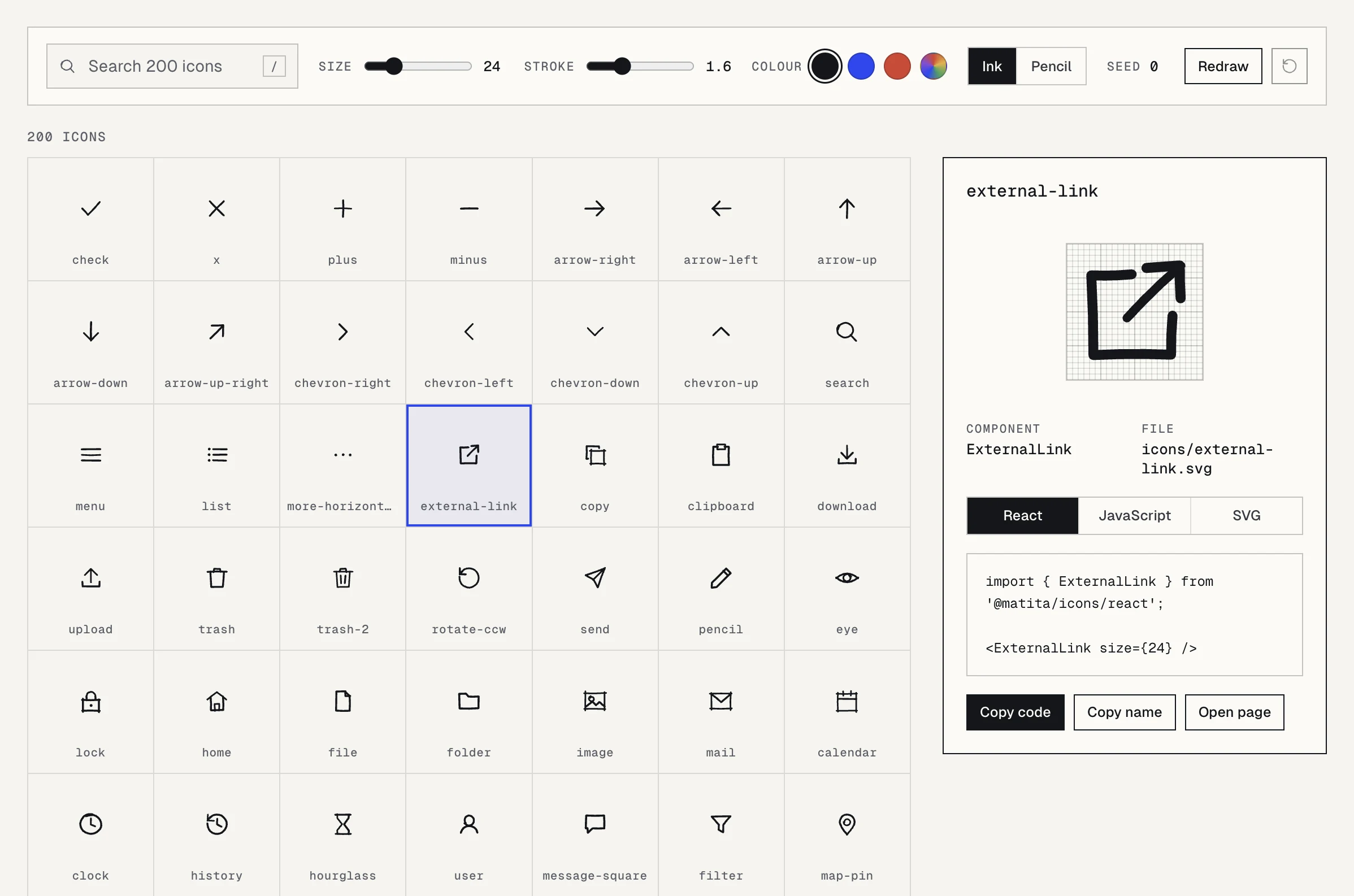 Matita icon browser with a search field, size and stroke sliders, color swatches and a side panel showing the ExternalLink React snippet