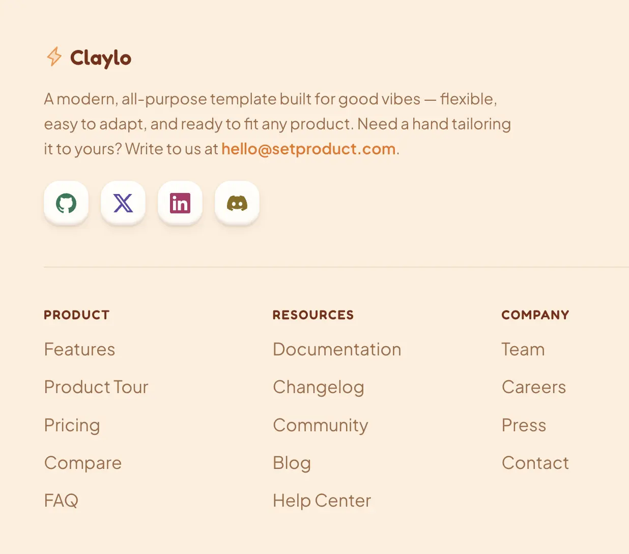 Site footer with social icons and link columns