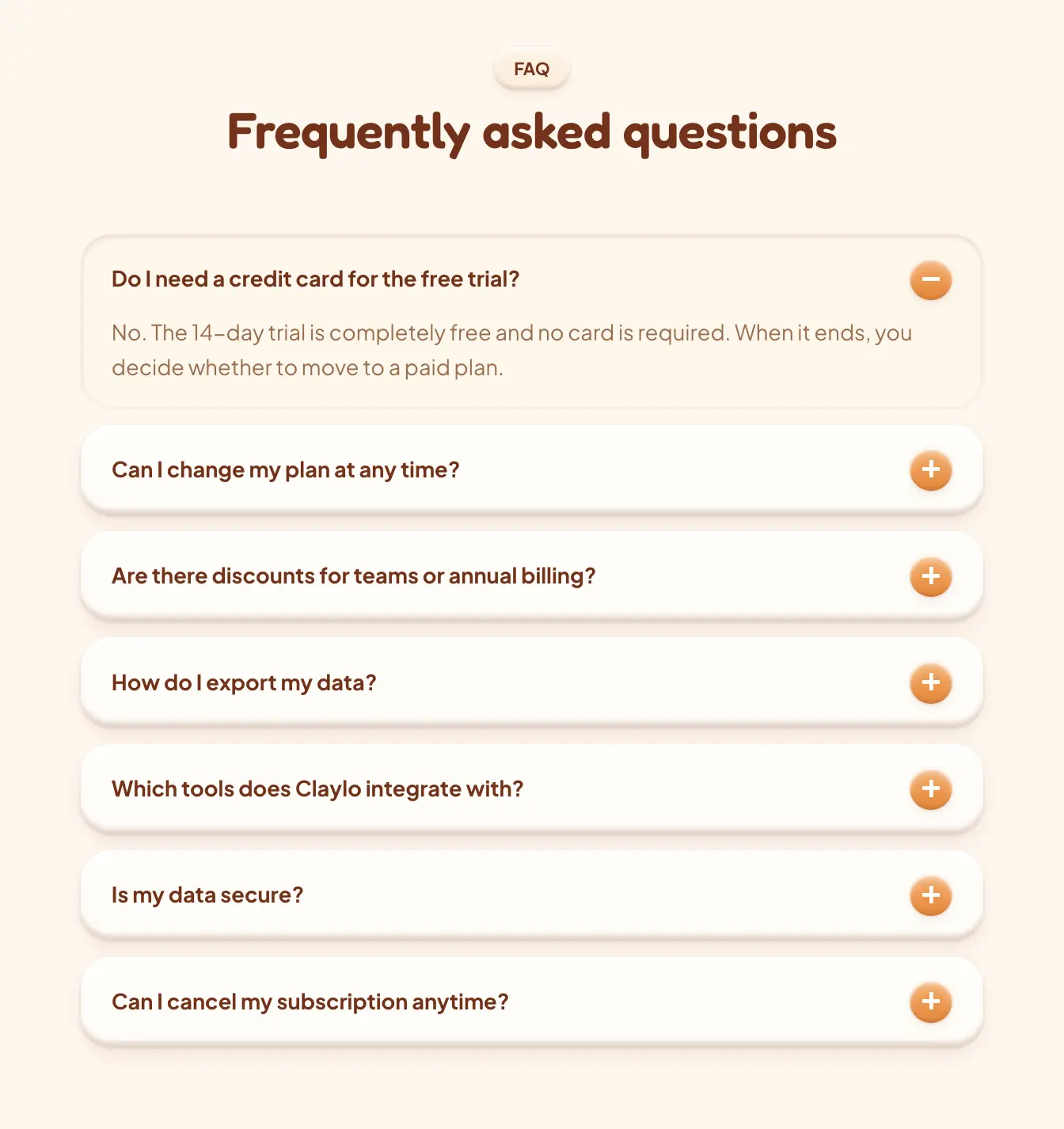 FAQ section with expanded first question