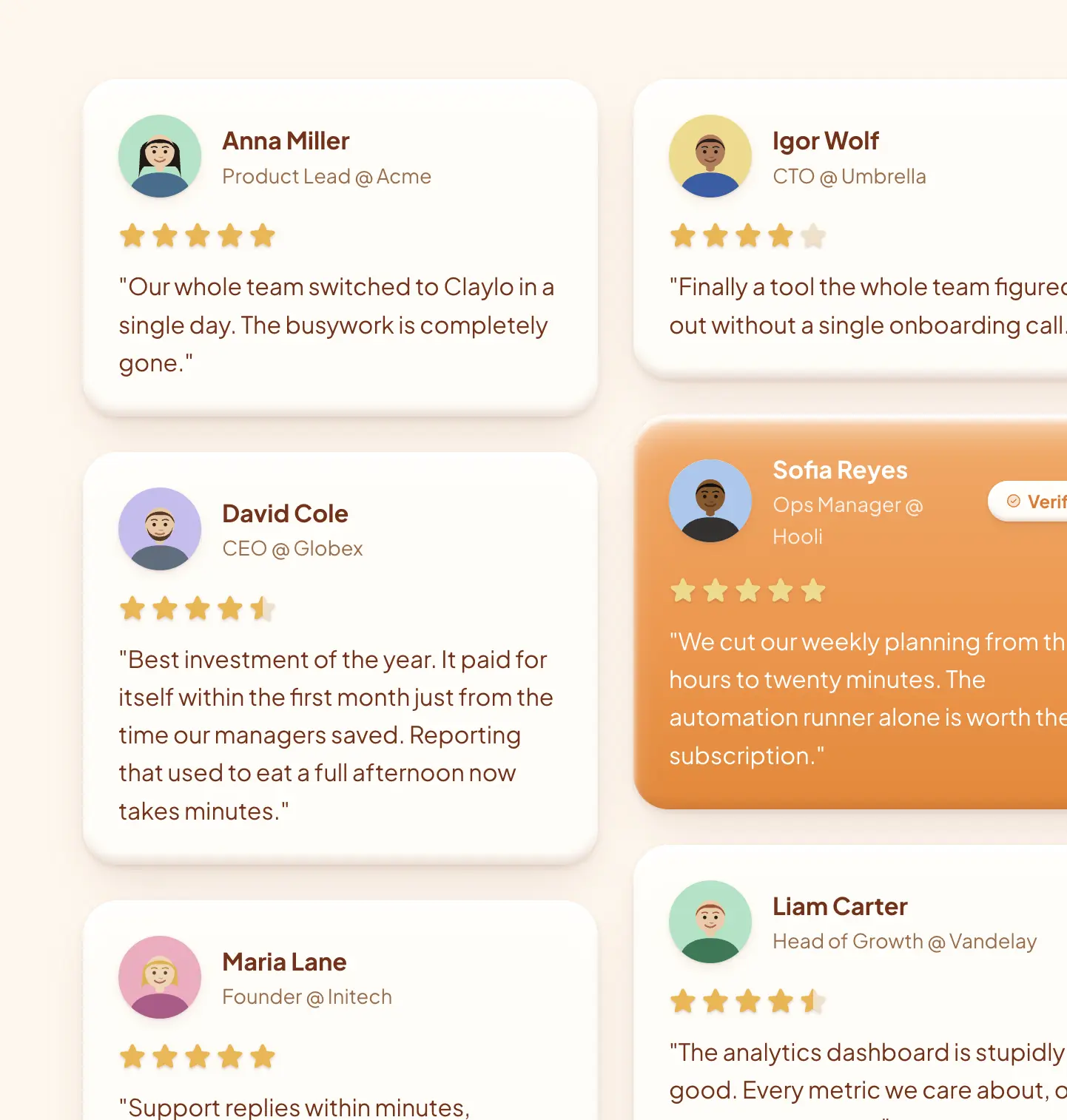 Six testimonial cards with star ratings