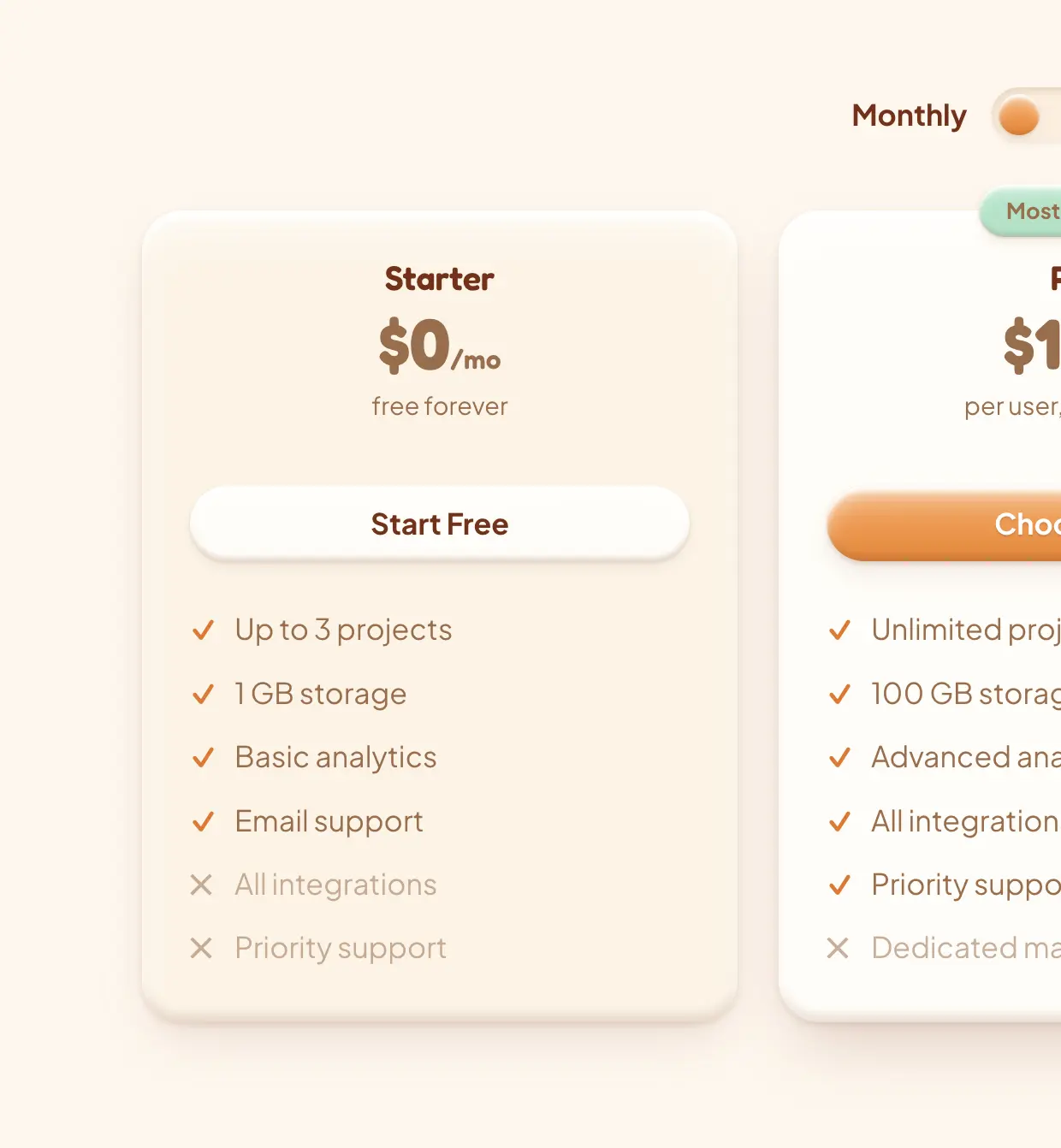 Pricing cards with Starter and Pro plans