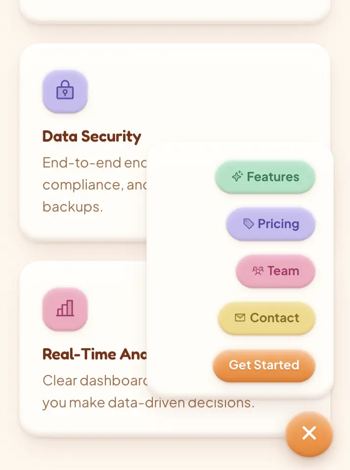 Mobile menu overlay with navigation pills