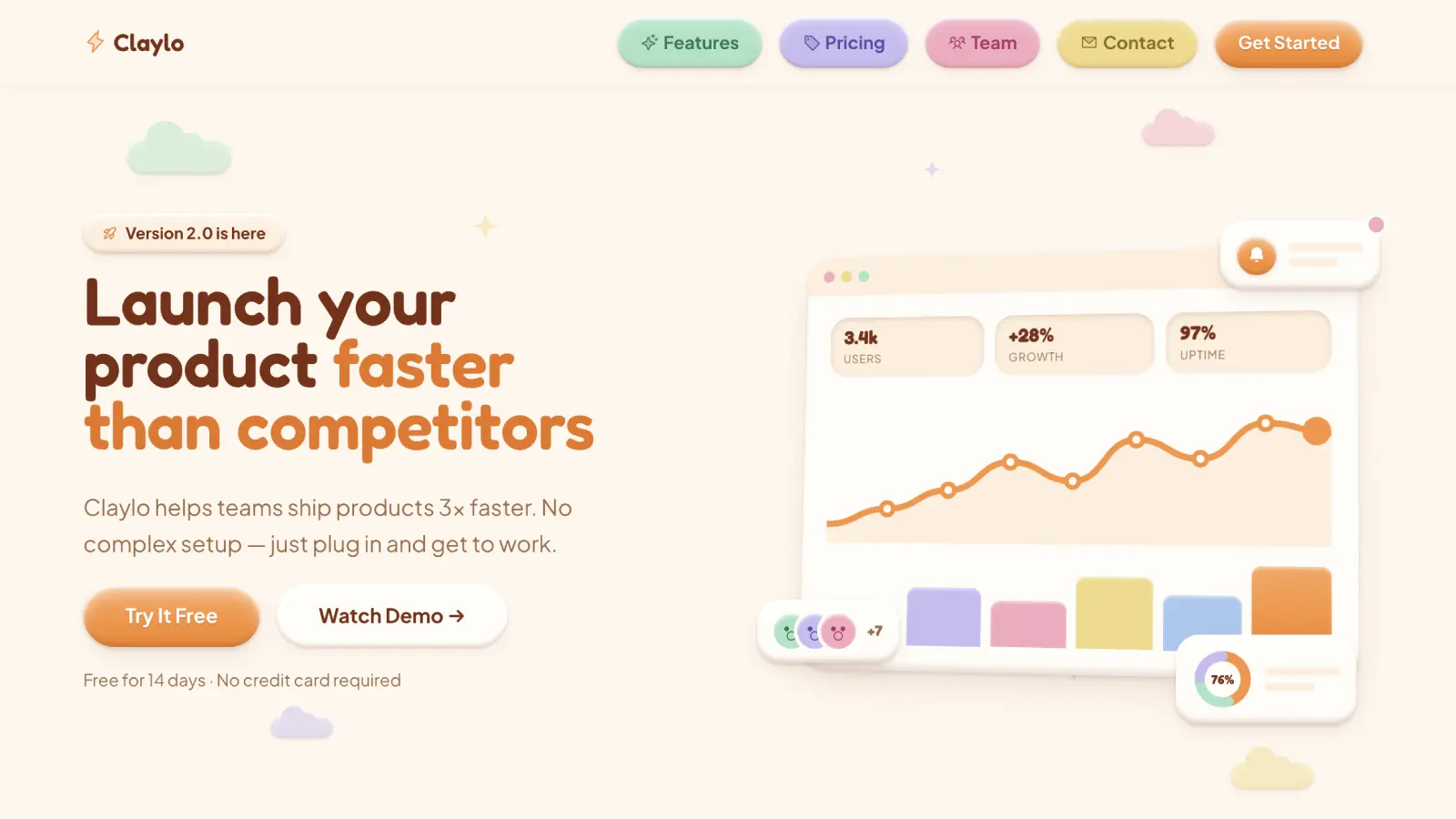 Claymorphism landing page hero with headline "Launch your product faster than competitors" and a soft clay dashboard mockup showing a growth chart