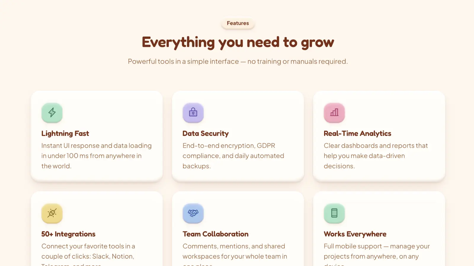 Claymorphism features section "Everything you need to grow" with six clay-style cards for lightning-fast performance, data security, real-time analytics, 50+ integrations, team collaboration, and cross-platform support