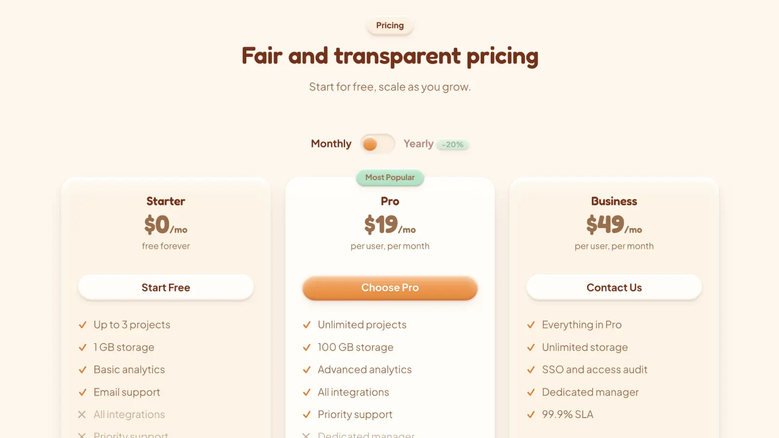 Claymorphism pricing section with monthly and yearly billing toggle and three plans (Starter, Pro, Business) styled with soft clay cards