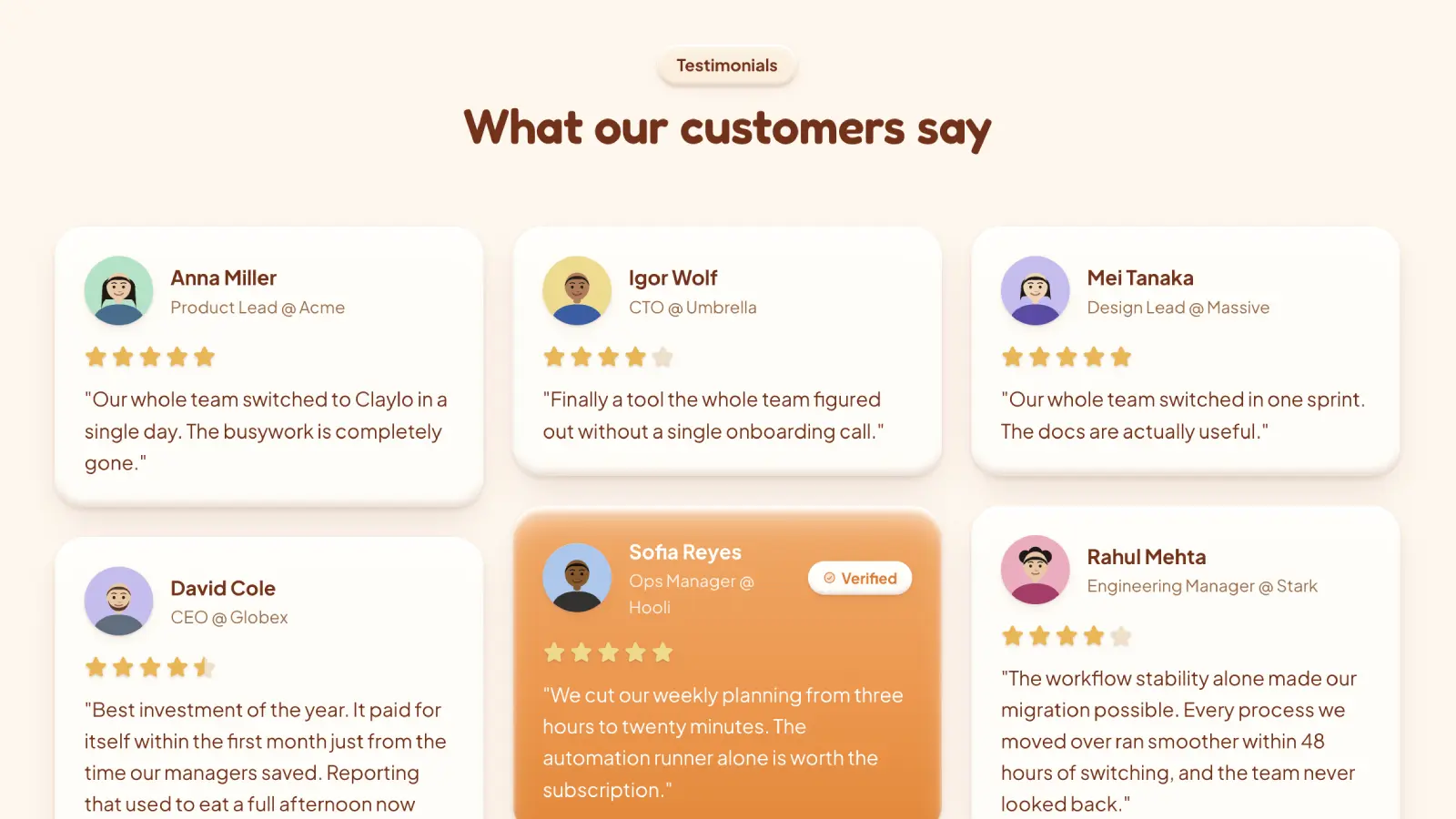 Claylo testimonials section "What our customers say" with six clay-style customer review cards and avatars
