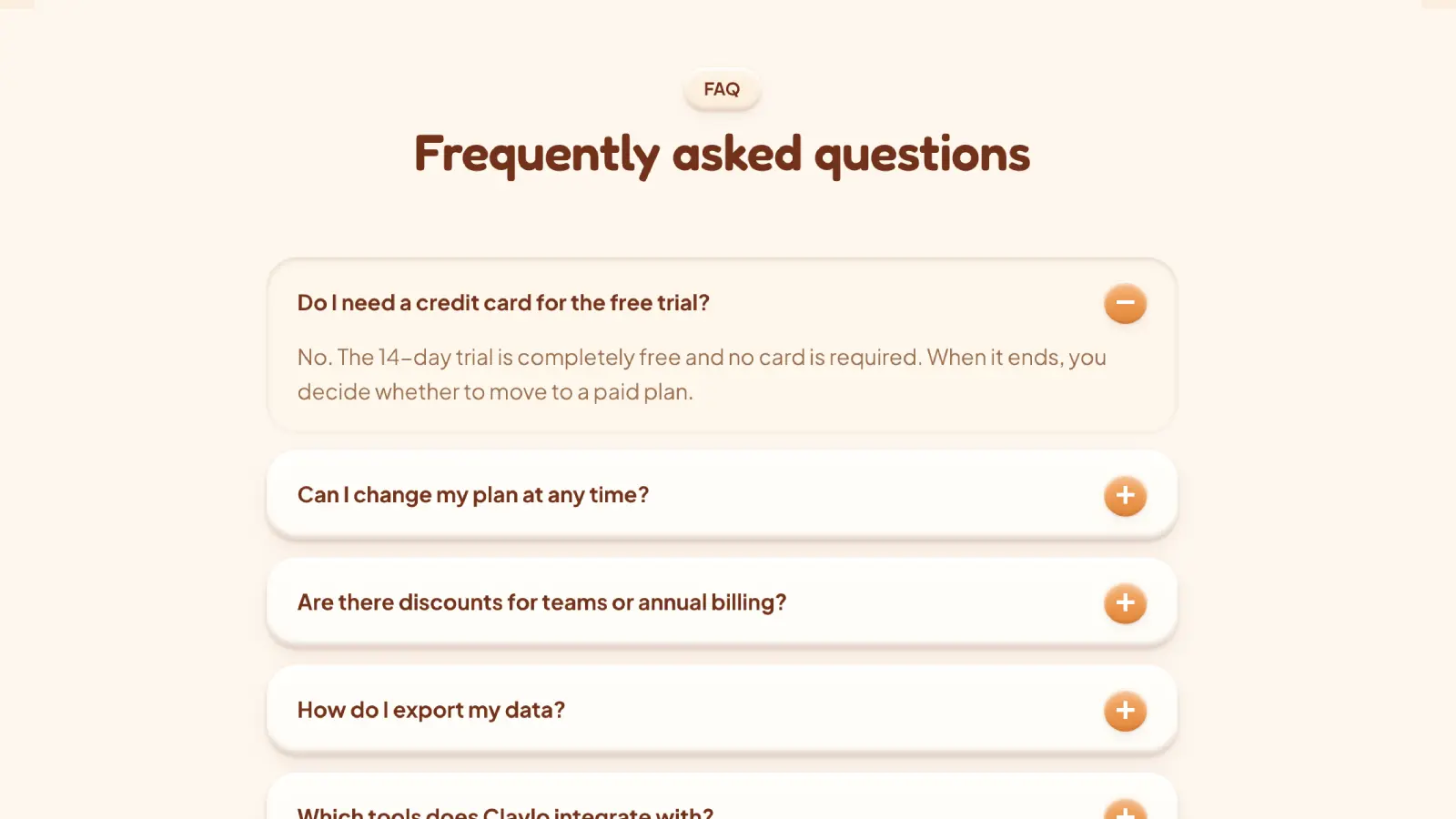 Claylo FAQ section "Frequently asked questions" with an accordion list of expandable questions