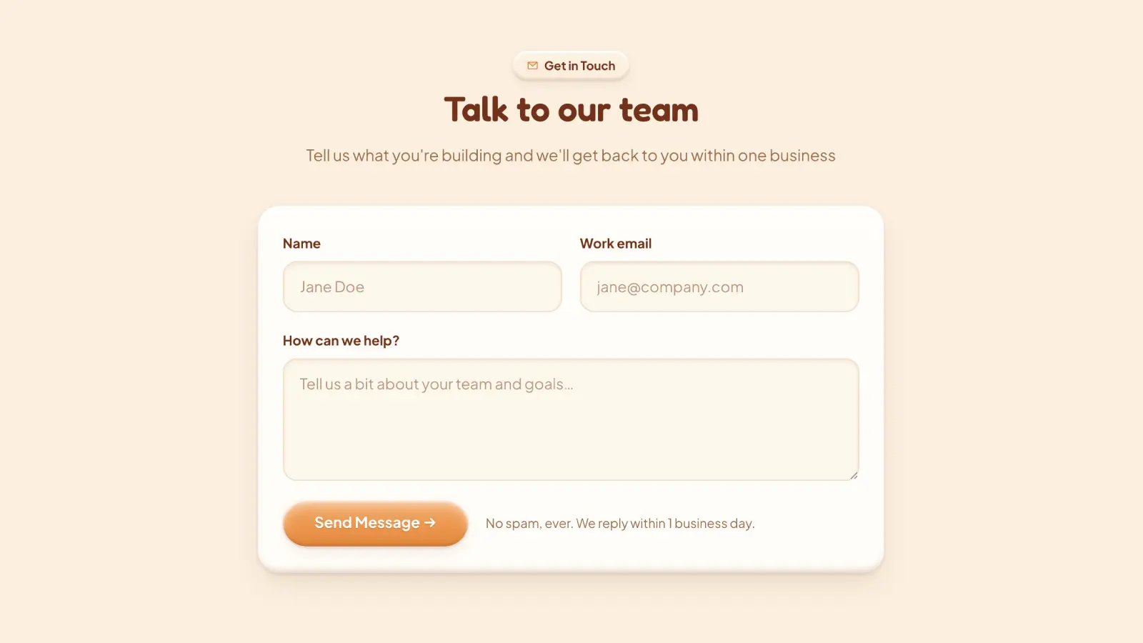 Claylo contact section "Get in touch, talk to our team" with a clay-style enquiry form
