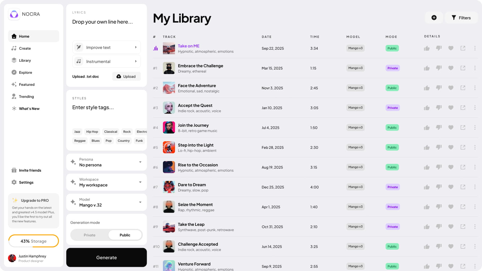 Nocra AI template for Figma: song creating